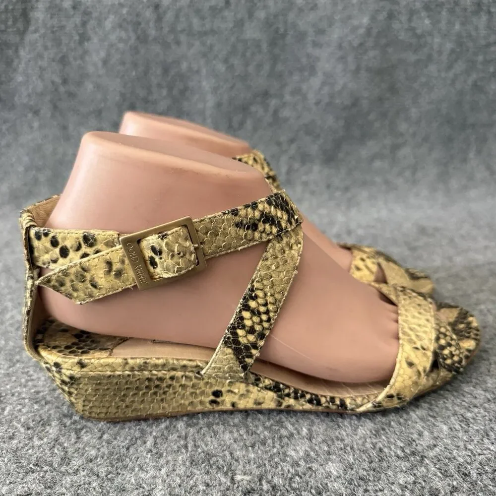 Jimmy Choo Connor Tan Snake Print Ankle Strap Low Wedge Sandals EU 37.5 US 7.5